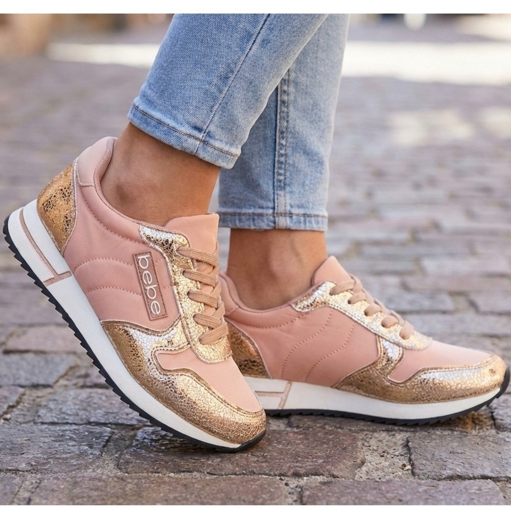 Bebe Womens Chunky Y2K‎ Sneakers Size 7.5 Blush Pink Rose Low Top Shoes Metallic